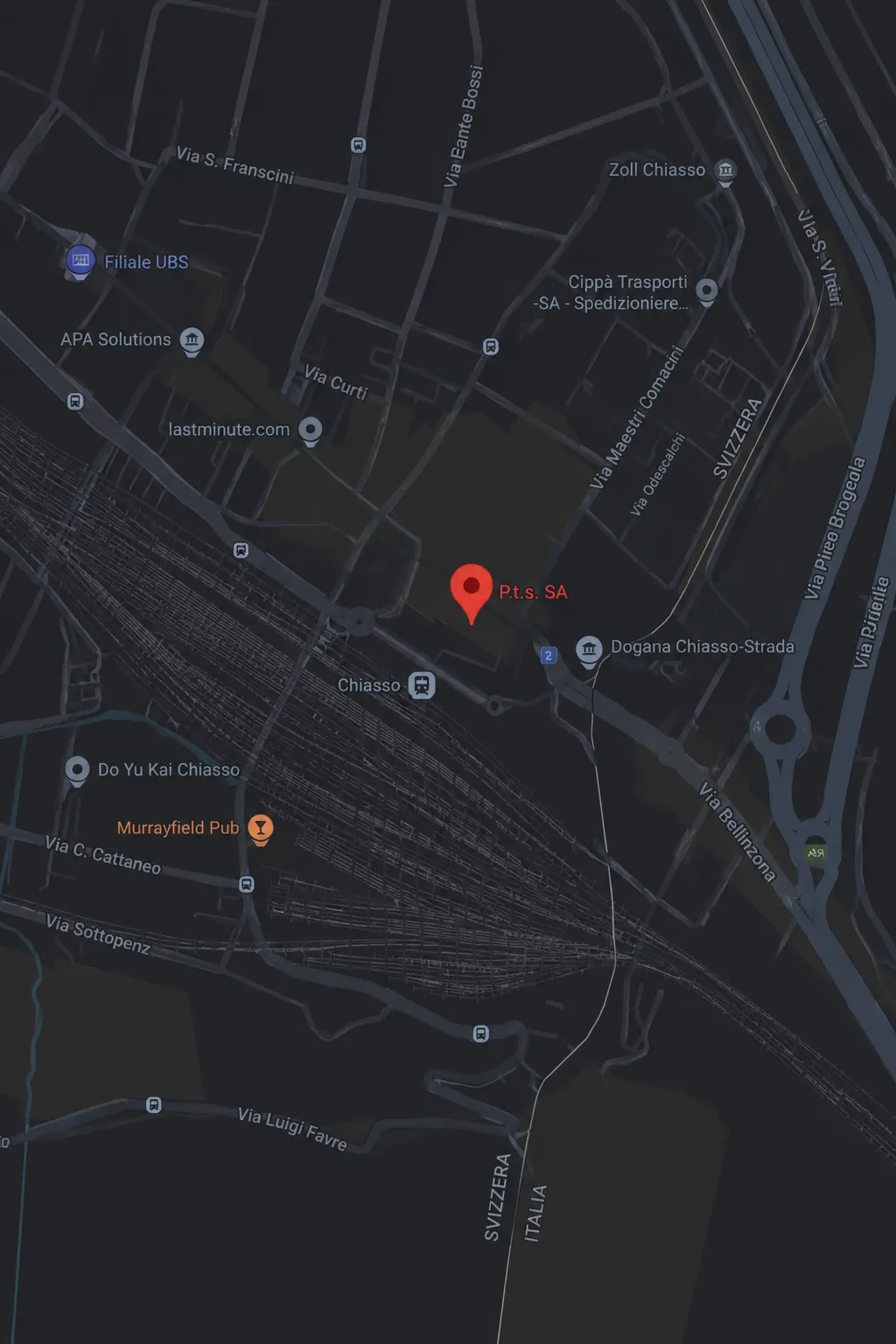 Map showing PTS headquarters in Chiasso, Switzerland