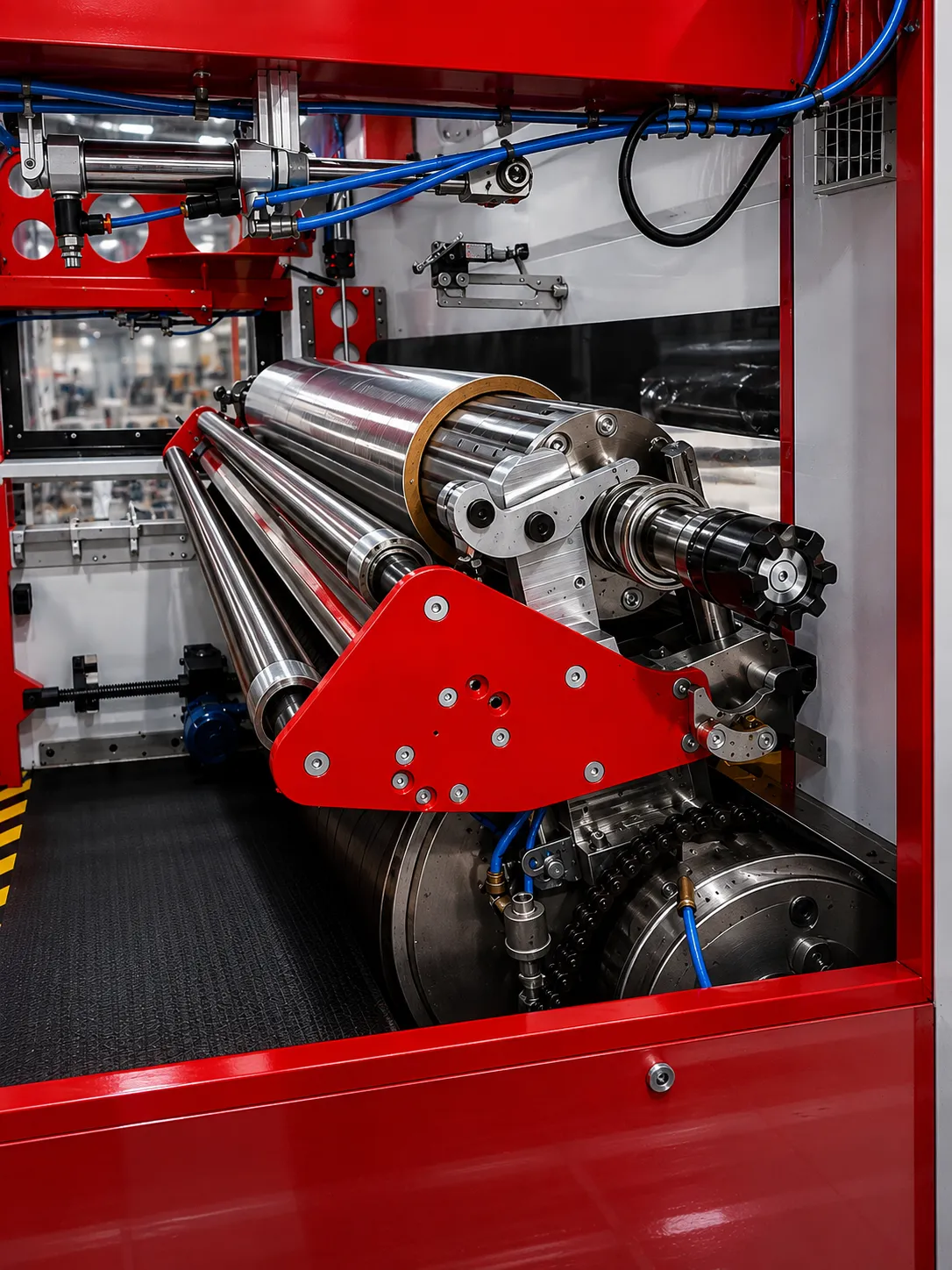 Side view of an industrial winder with precision tension control modules